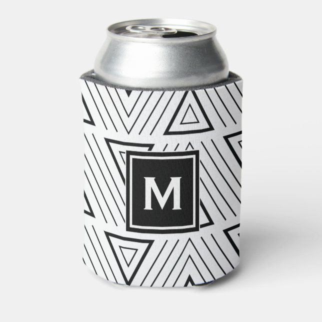 Black Geometric Traiangles Pattern Monogram Can Cooler (Can Back)