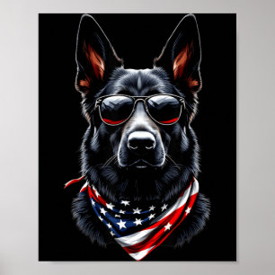 Black German Shepherd American Flag 4th July Poster