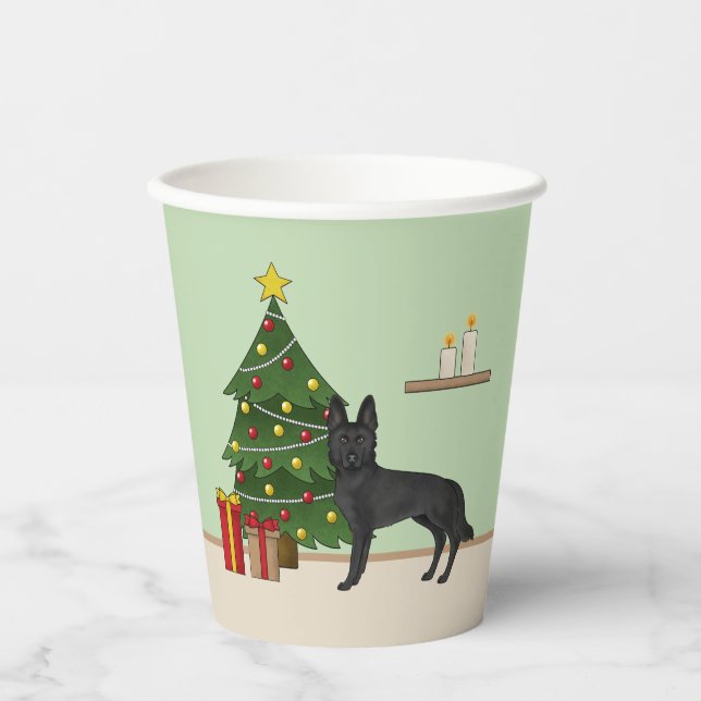 Black German Shepherd And Festive Christmas Tree Paper Cups (Front)