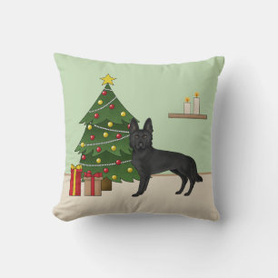 Black German Shepherd And Festive Christmas Tree Throw Pillow
