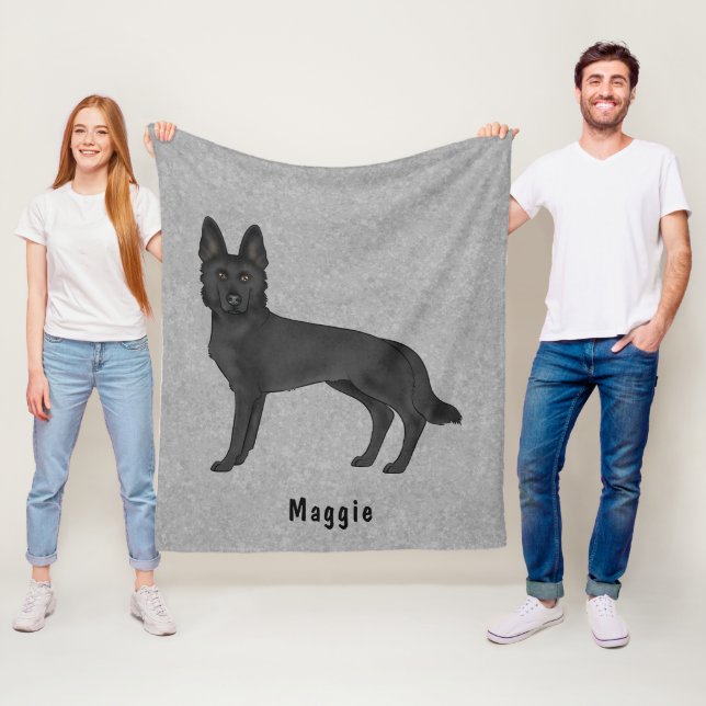 Black German Shepherd Cartoon Dog With Custom Text Fleece Blanket (In Situ)