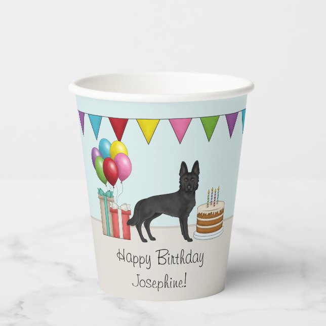 Black German Shepherd Colourful Happy Birthday Paper Cups (Front)