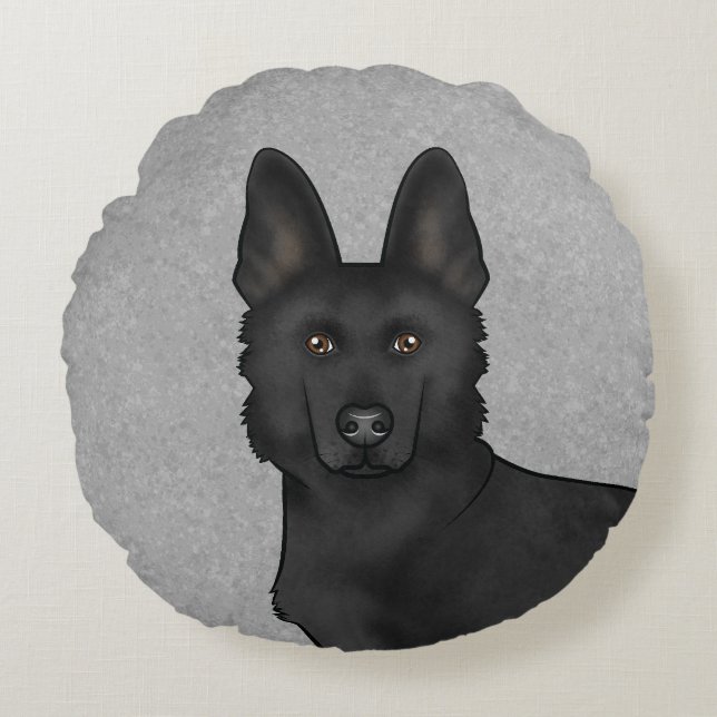Black German Shepherd Cute Cartoon Dog Head Grey Round Pillow (Front)