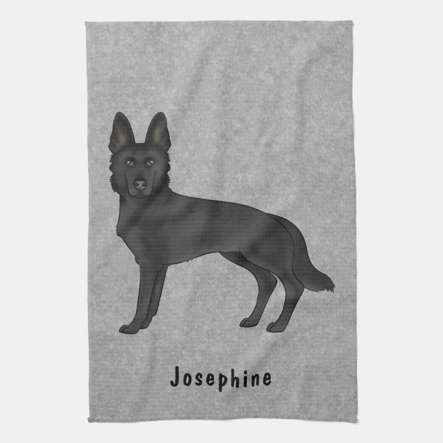 Black German Shepherd Dog And Custom Name Grey Kitchen Towel (Vertical)