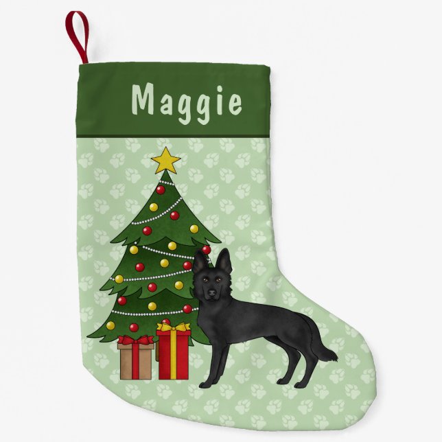 Black German Shepherd Dog Green Christmas Tree Small Christmas Stocking (Front)