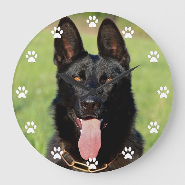 Black German Shepherd Dog - GSD Puppy Paw Print Large Clock (Front)