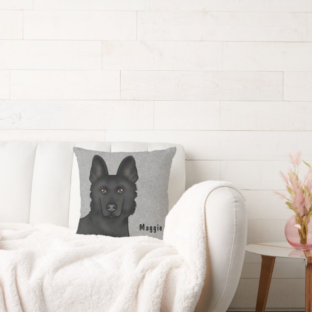 Black German Shepherd Dog Head With Custom Name Throw Pillow (Couch)