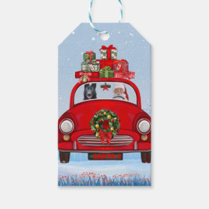 Black German Shepherd Dog In Car With Santa Claus  Gift Tags