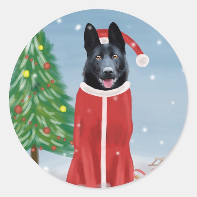 Black German Shepherd Dog in Snow Christmas Gifts Classic Round Sticker (Front)
