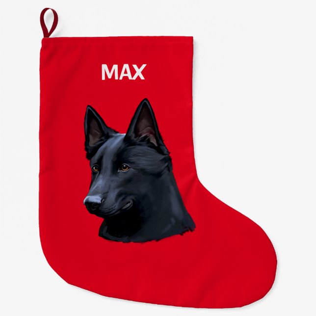 Black German Shepherd Dog Name Customizable Large Christmas Stocking (Front)