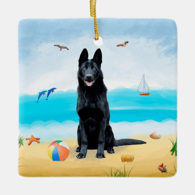 Black German Shepherd Dog on Beach Ceramic Ornament (Front)