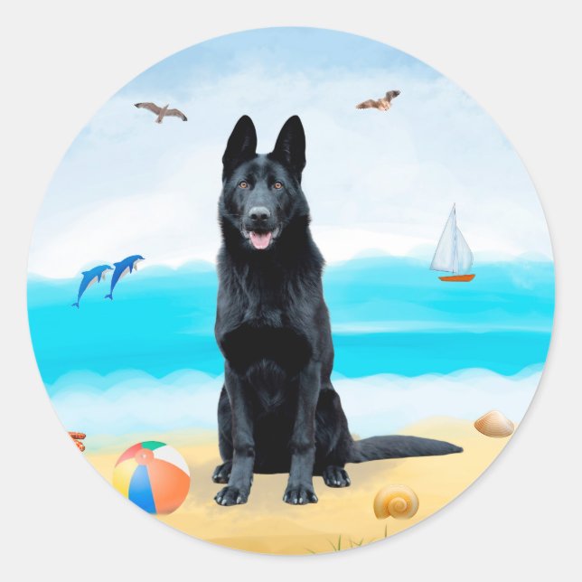 Black German Shepherd Dog on Beach Classic Round Sticker (Front)