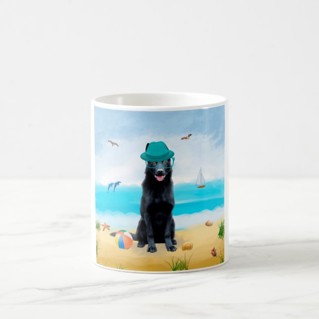 Black German Shepherd Dog on Beach Coffee Mug (Center)