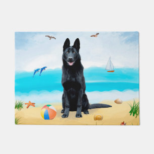 Black German Shepherd Dog on Beach Doormat