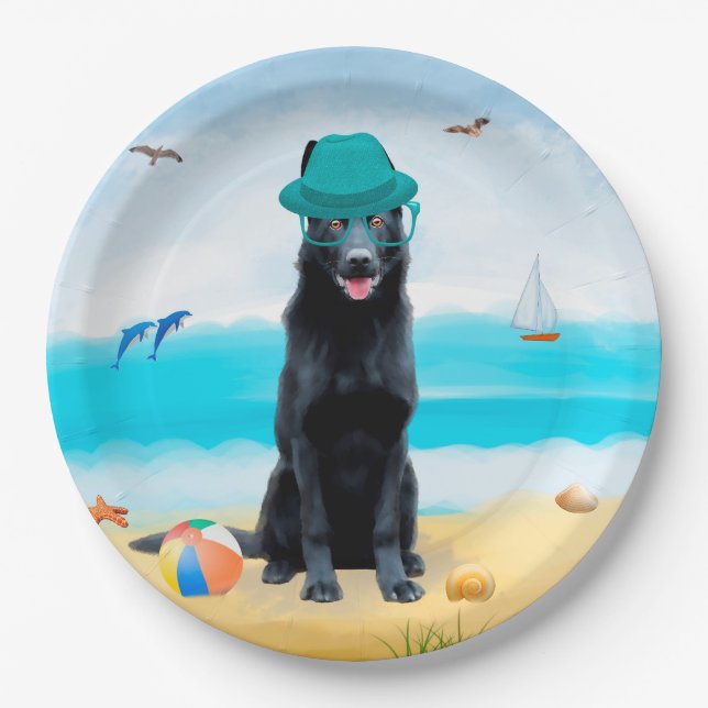 Black German Shepherd Dog on Beach Paper Plate (Front)
