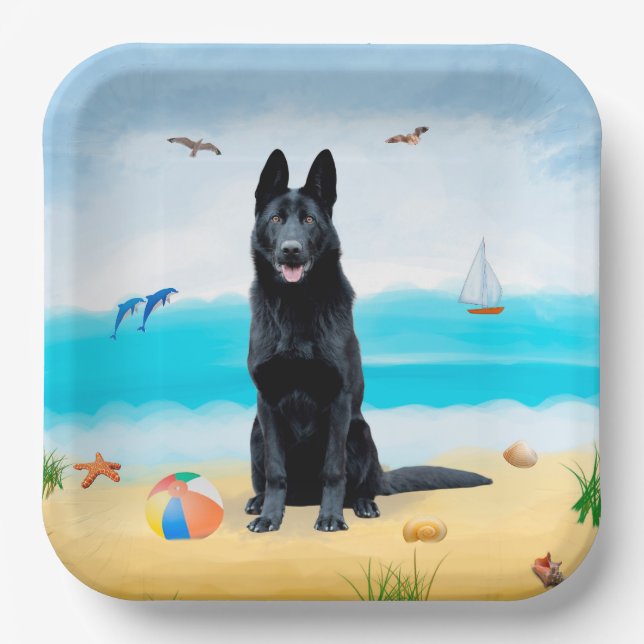 Black German Shepherd Dog on Beach Paper Plate (Front)