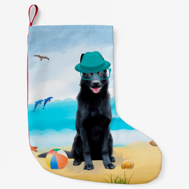 Black German Shepherd Dog on Beach Small Christmas Stocking (Front)