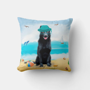Black German Shepherd Dog on Beach Throw Pillow