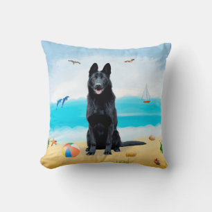 Black German Shepherd Dog on Beach Throw Pillow