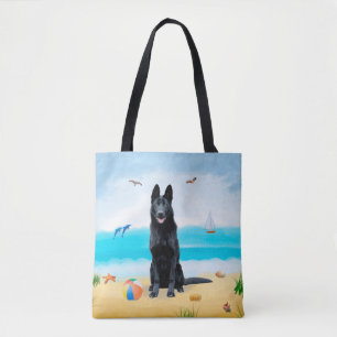 Black German Shepherd Dog on Beach Tote Bag