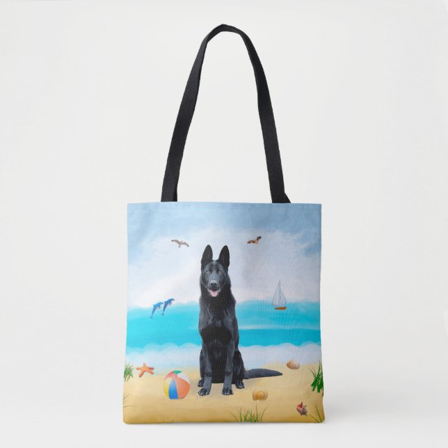 Black German Shepherd Dog on Beach Tote Bag (Front)
