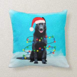 Black German Shepherd Dog Snow with Lights Throw Pillow