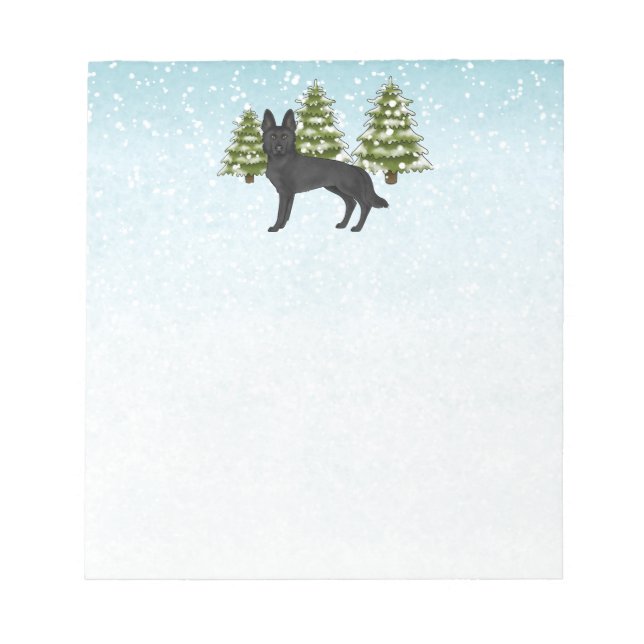 Black German Shepherd Dog Winter Forest Blue Green Notepad (Front)