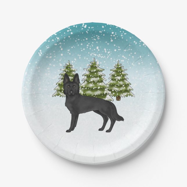 Black German Shepherd Dog Winter Forest Trees Blue Paper Plate (Front)