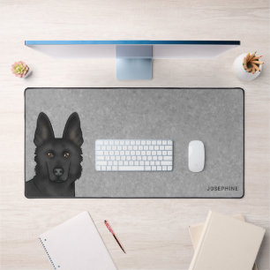 Black German Shepherd Head And Custom Name On Grey Desk Mat