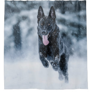 Black German Shepherd in snow Duvet Cover