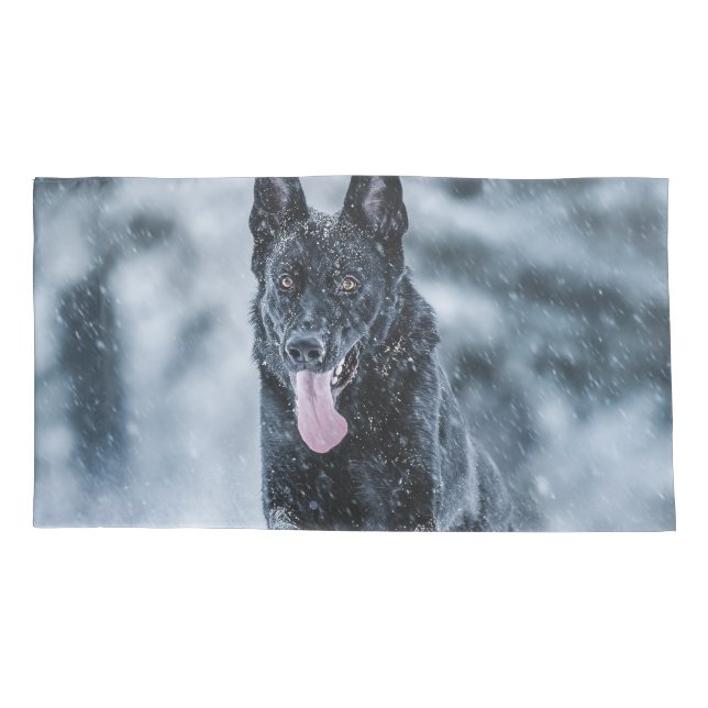 Black German Shepherd in snow Duvet Cover (Back)