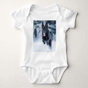 Black German Shepherd in snow Duvet Cover Baby Bodysuit