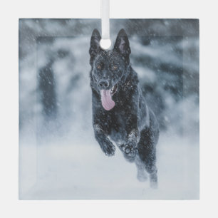 Black German Shepherd in snow Duvet Cover Glass Ornament