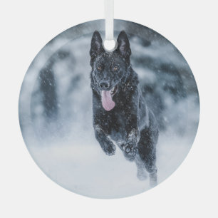 Black German Shepherd in snow Duvet Cover Glass Ornament