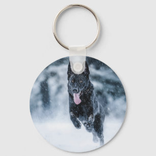 Black German Shepherd in snow Duvet Cover Keychain