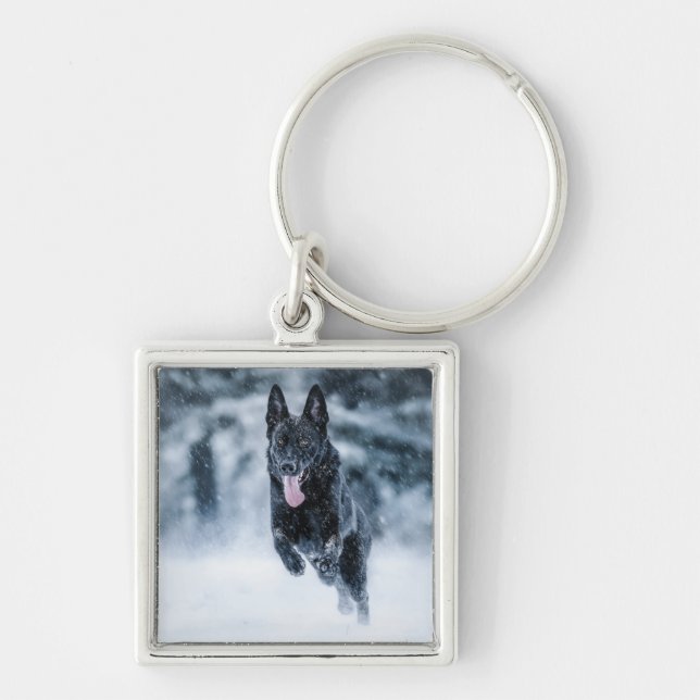 Black German Shepherd in snow Duvet Cover Keychain (Front)