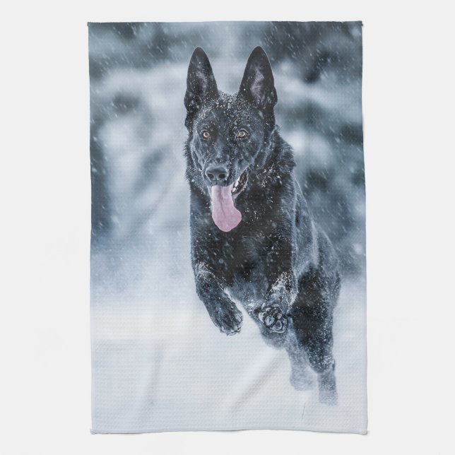 Black German Shepherd in snow Duvet Cover Kitchen Towel (Vertical)