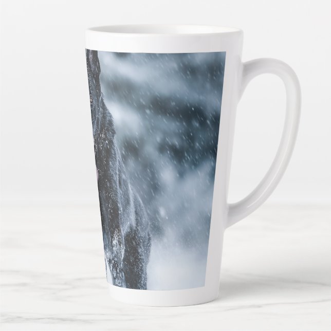 Black German Shepherd in snow Duvet Cover Latte Mug (Right)