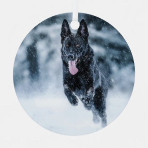 Black German Shepherd in snow Duvet Cover Metal Ornament
