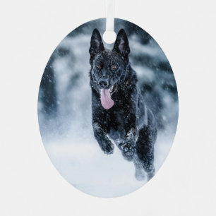 Black German Shepherd in snow Duvet Cover Metal Ornament