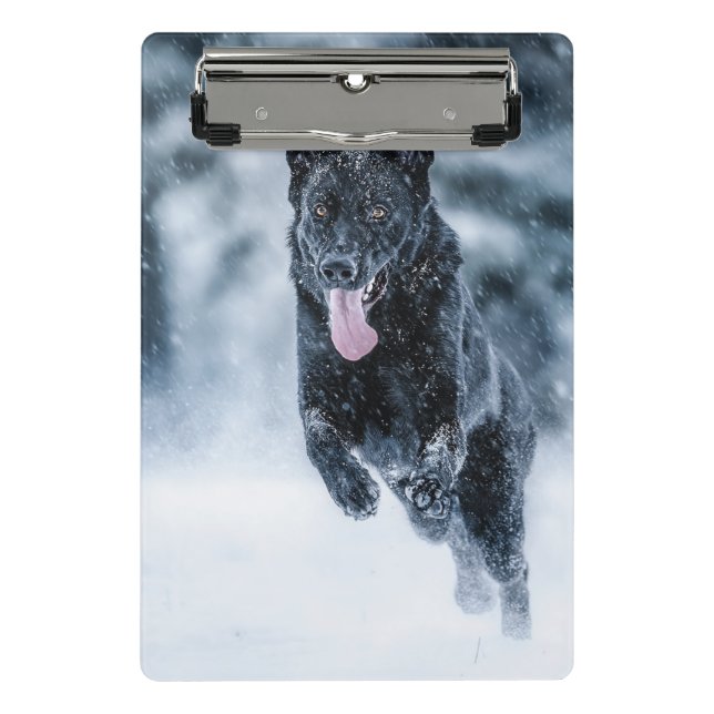 Black German Shepherd in snow Duvet Cover Mini Clipboard (Front)