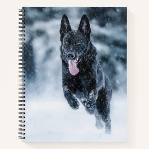 Black German Shepherd in snow Duvet Cover Notebook