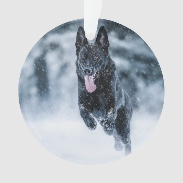 Black German Shepherd in snow Duvet Cover Ornament (Front)