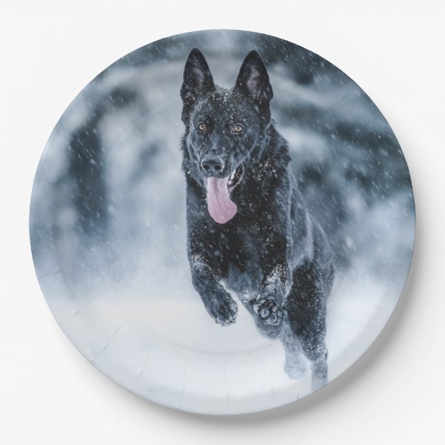 Black German Shepherd in snow Duvet Cover Paper Plate (Front)