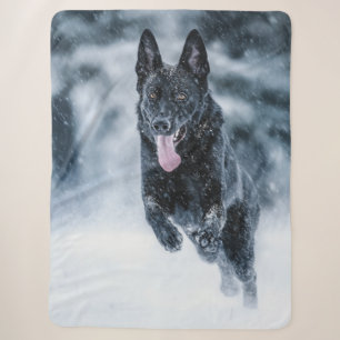 Black German Shepherd in snow Duvet Cover Sherpa Blanket