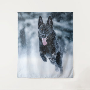 Black German Shepherd in snow Duvet Cover Tapestry