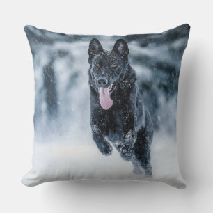 Black German Shepherd in snow Duvet Cover Throw Pillow