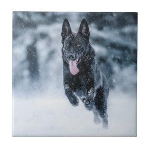 Black German Shepherd in snow Duvet Cover Tile