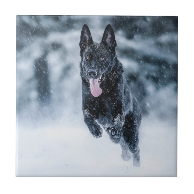 Black German Shepherd in snow Duvet Cover Tile (Front)