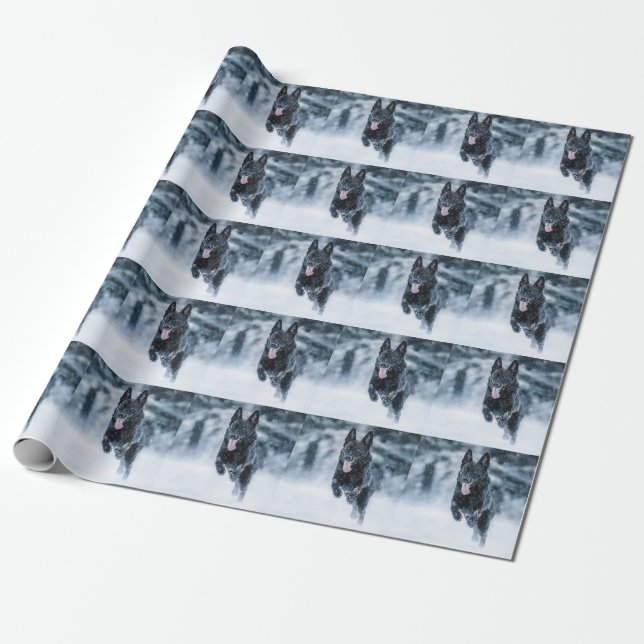 Black German Shepherd in snow Duvet Cover Wrapping Paper (Unrolled)